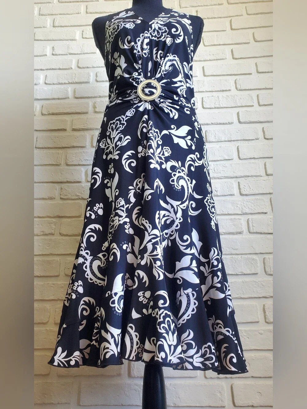Joseph Ribkoff Floral Paisley Ring Buckle Dress Black White Flowy Ruffle Hem - Picture 14 of 15